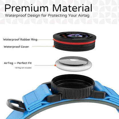 Airtag Dog Collar, Dog Collar with airtag Holder, IP68 Waterproof Leather Dog Collar with Metal Buckle & Lockable Airtag Holder, Heavy Duty Adjustable for Small Medium Large Dogs (Blue L)