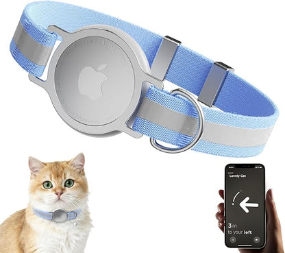 AirTag Cat Collar, Ultra Elastic Cat Tracker Collar with Apple Air Tag Holder, [Lightweight & Scratch Resistant] Stepless Adjustable GPS Pet Tracking Collars for Cats Kittens [Reflective Blue]