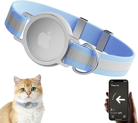 AirTag Cat Collar, Ultra Elastic Cat Tracker Collar with Apple Air Tag Holder, [Lightweight & Scratch Resistant] Stepless Adjustable GPS Pet Tracking Collars for Cats Kittens [Reflective Blue]