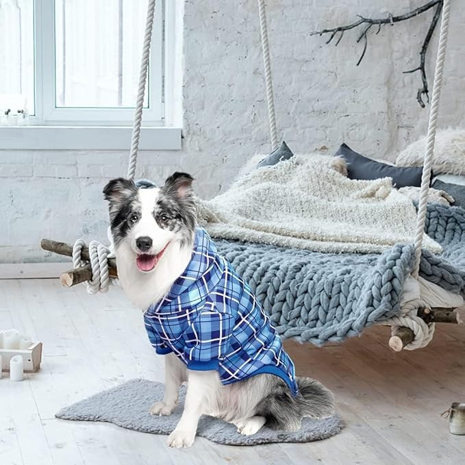 EXPAWLORER Plaid Dog Hoodie - British Style Warm Dog Sweater Shirt with Leash Hole,Pitbull Clothes Outfits,Winter Coat Apparel for All Breeds Puppy Girl Boy-Cat Apparel,Blue Large