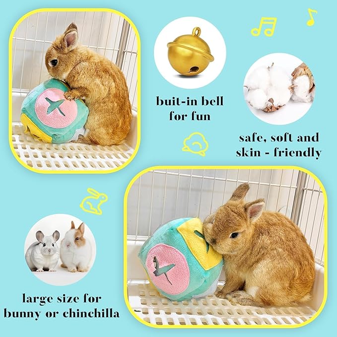 2pcs Large Rabbit Foraging Toy with Bell, Washable Puzzle Feed Game Rabbit Toy for Bunnies Boredom, Snuffle Ball Treat Dispenser Bunny Enrichment Toys, Bunny Toys for Indoor Bunnies (Random Color)