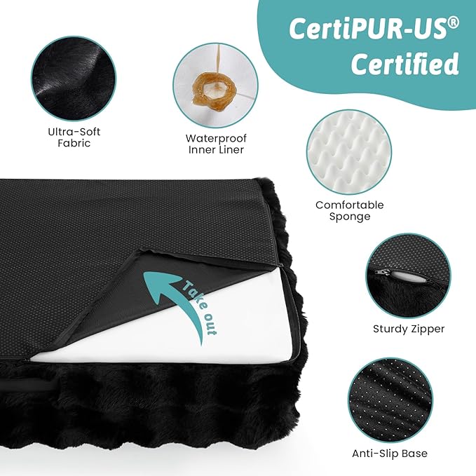 COZY KISS Orthopedic Dog Bed for Medium Small Size Dog, Soft and Warm Faux Fur Sofa for Pet Up to 40 lbs, Foam Bolster Anti-Slip Couch with Washable Removable Cover, M 30x20x6.5 inch, Black