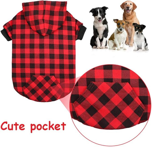 Red Plaid Dog Hoodie Sweater for Dogs Pet Clothes with Hat and Pocket（XL）