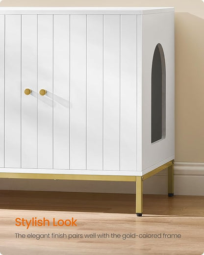 Feandrea Double Cat Litter Box Enclosure, Hidden Litter Box Furniture with Double Room, for 2 Cats, Modern Style, 47.2" Pet House Washroom Cabinet, Side End Table, TV Stand, White and Gold