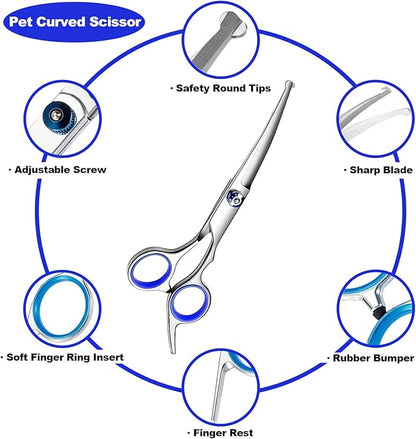 Dog Grooming Scissor, 7-in-1 Pet Grooming Scissor for Dogs, Professional Dog Grooming Kit with Safety Round Tips, Titanium Coated Cat Scissors Kit for Home Grooming (Blue)