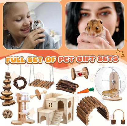 18 Pcs Hamster Toys Set, 10 Kinds Small Animal Chewing Toys, Maze Wood House, Silent Exercise Running Wheels and Water Bottle Set for Hamster Habitat Rat Cage Accessories(Mixed Play Style)