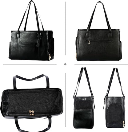 Stylish Dog Purse Carrier, Leather Pet Carrier Bag for Small Dogs Cats Puppy, Airline Approved Soft-Sided Carrier Black