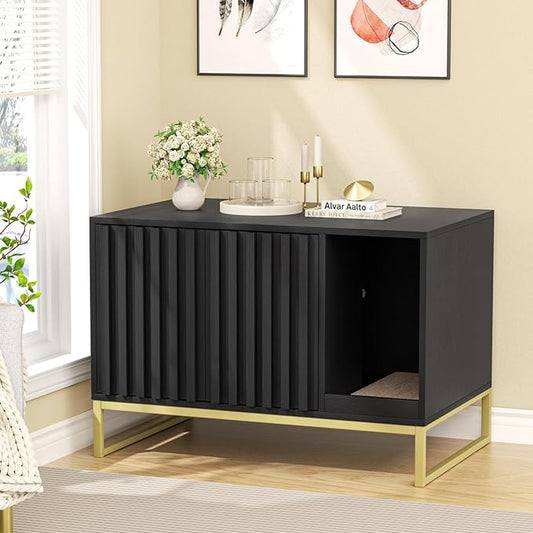 Halitaa Litter Box Enclosure, Modern Cat Litter Box Furniture Hidden Litter Box with Scratch Pad, Cat Washroom House End Table, Entryway Bench for Livingroom (Black)