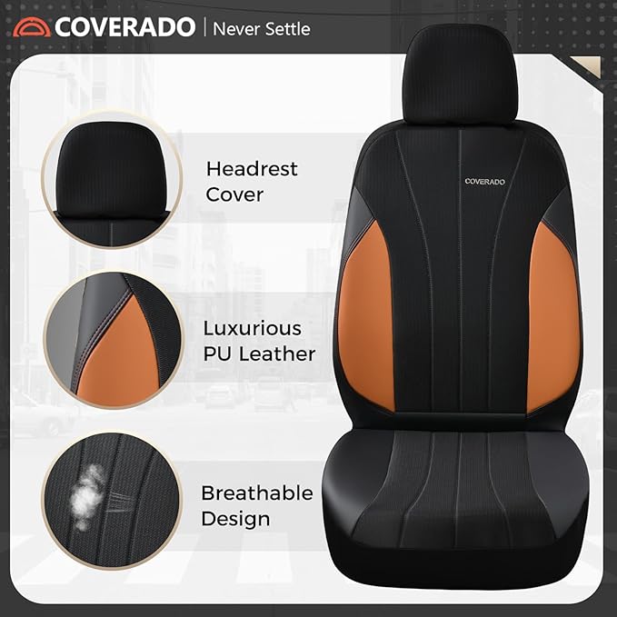 Coverado Seat Covers for Car 2 Seats, Leather Car Seat Covers Fullset, Breathable Mesh Front and Rear Protectors, Brown Luxury Automotive Covers, Universal Fit for SUV, Truck, Sedan
