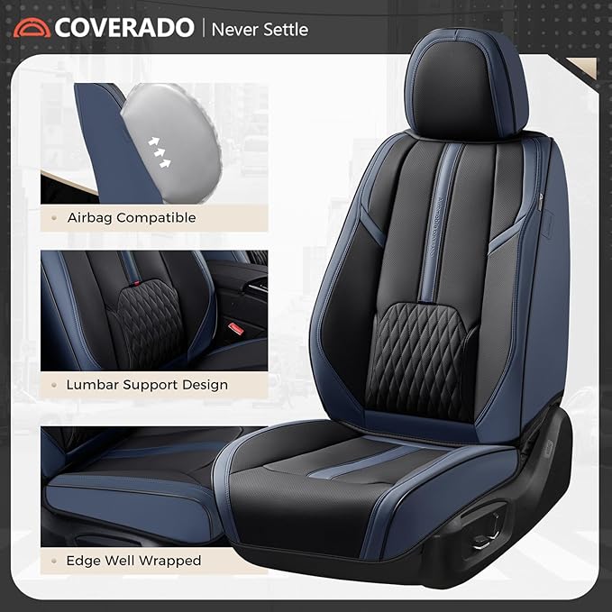 Coverado Front Seat Covers, 2 PCS Luxury Leather Seat Covers with Lumbar Support, Universal Seat Cover for Cars, Car Seat Protector Waterproof, Automotive Seat Cushions Fit for Most Cars (Blue&Black)
