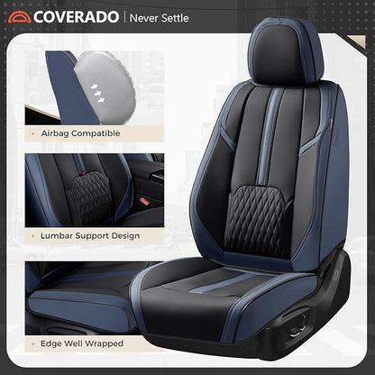 Coverado Front Seat Covers, 2 PCS Luxury Leather Seat Covers with Lumbar Support, Universal Seat Cover for Cars, Car Seat Protector Waterproof, Automotive Seat Cushions Fit for Most Cars (Blue&Black)