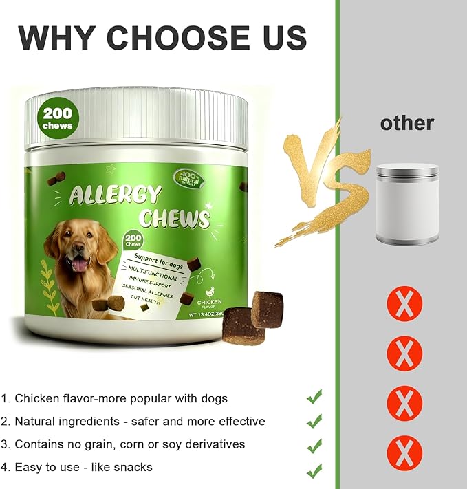 Dog Allergy Chews Itching Skin Relief & Immune Support,Dogs is Human Multivitamin Itch Relief for Yeast, Seasonal Allergies Itchy Skin and Itchy Ears, Gut Health, Chicken- 200ct
