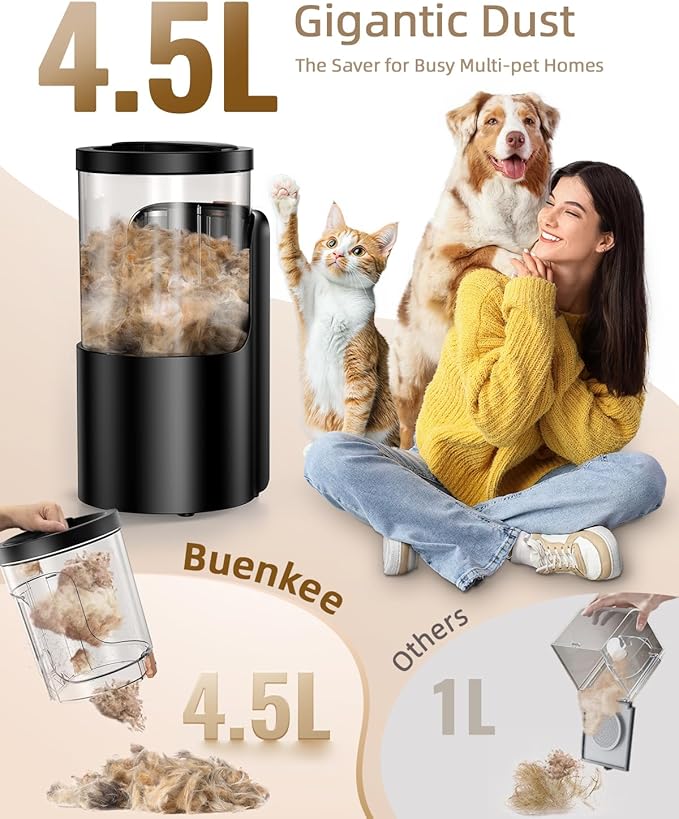 buenkee Dog Grooming Vacuum, 4.5L Extra-Large Dust Cup Dog Grooming Kit, 14000Pa High-Suction Pet Groomer with Clippers, Low-Noise All-in-One Shedding Control Set for Home Use
