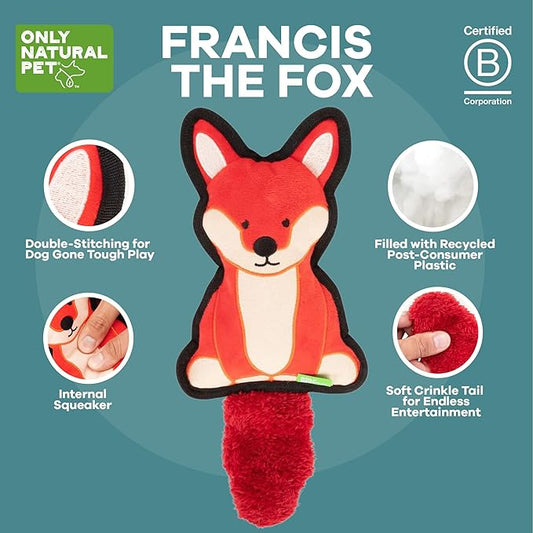 Only Natural Pet Mountain Friends Recycled Plush Dog Toys - Durable Double-Stitched Design with Internal Squeaker, Large Plush Ears & Soft Crinkle Tail - Squeaky Pet Toy | Francis The Fox, 5.5" x 12"