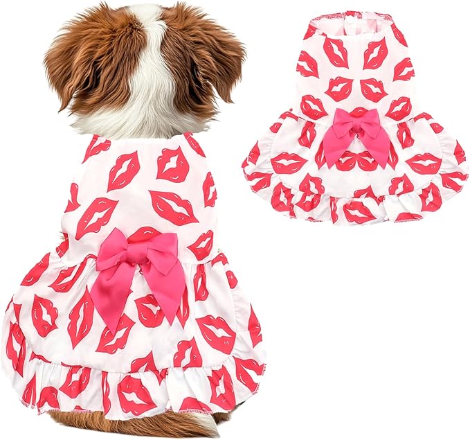 Valentines Day Dog Dress L, Cute White Pet Dress with Red Lip and Pink Bow, Stylish Pet Outfit for 11-13 lbs Dogs and Cats, Romantic Holiday Clothing
