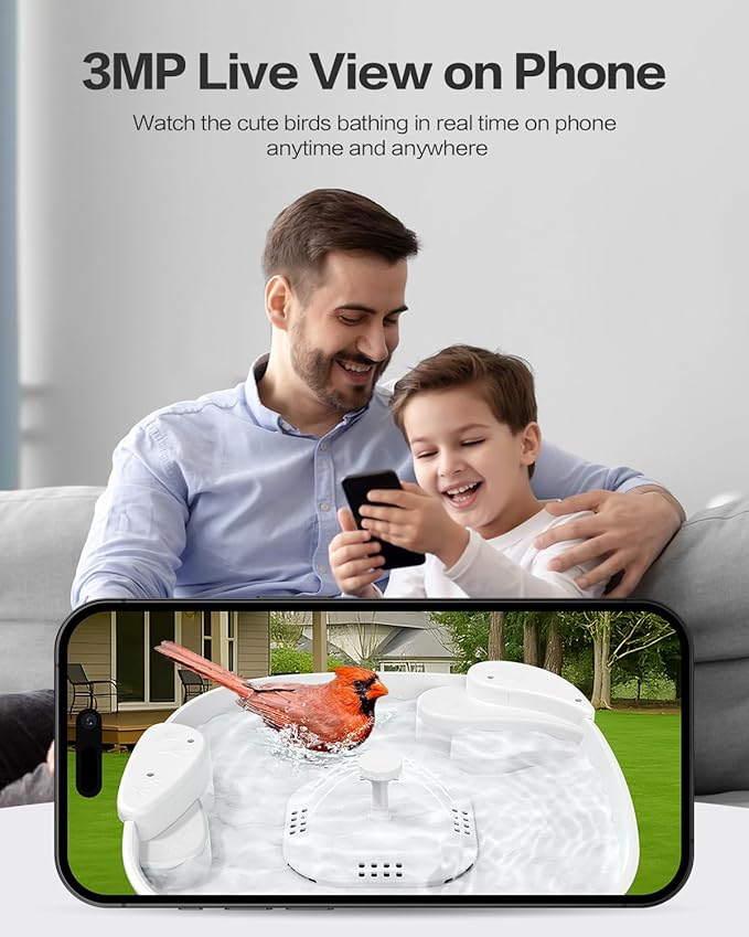 HARYMOR Bird Bath with Camera, Automatic Water Flowing, 2K Bird Camera Captures Bird Activity, Arrival Alerts, Smart AI Identifies Species, Live Video, Solar-Powered, Unheated—Enjoy Watching Birds