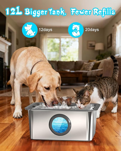12L/3gal Stainless Steel Large Dog Water Fountain for Large Dog, Electric Pet Water Dispenser with Water Level Window&LED, Cat and Dog Fountain Water Bowl for Multi-Pet Home,Super Quiet