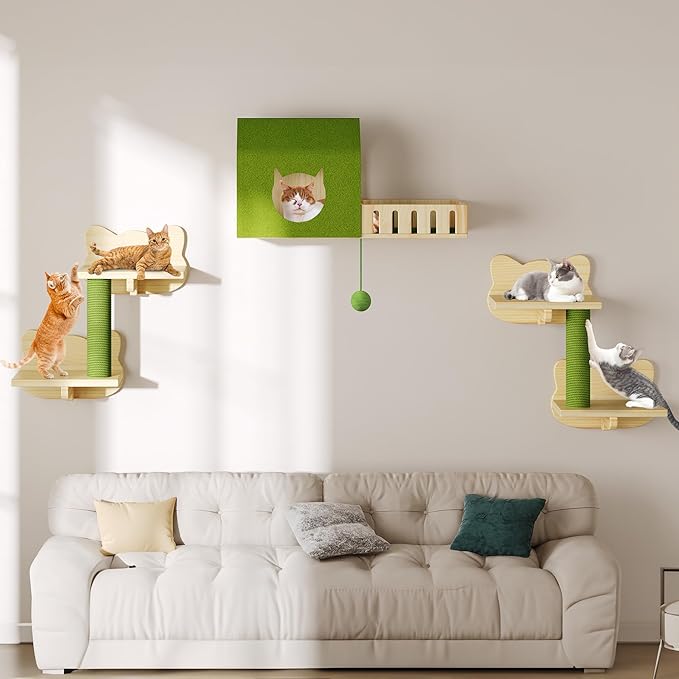 YITAHOME Cat Wall Shelves, Solid Wood Wall Mounted Cat Furniture with Green Wall House and Fence, Steps, Scratching Posts