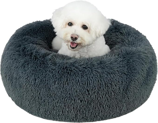 Best Pet Supplies Round Calming Dog Bed for Small, Medium & Large Dogs, Plush Donut Cuddler Pet Bed w/Raised Rim for Head, Neck Support, Anti-Slip Bottom Washable Bed - Gray, 30 x 30 x 8