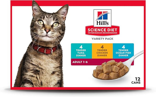 Hill's Science Diet Adult 1-6 Wet Cat Food Variety Pack, Chicken, Tuna, & Ocean Fish, 5.5 oz. Cans, 12-Pack