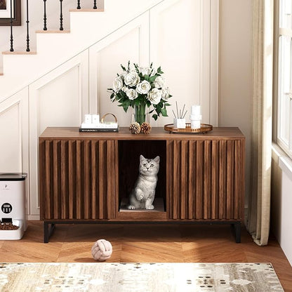 Halitaa Double Litter Box Enclosure,Modern Cat Litter Box Enclosure for 2 Cats, Hidden Litter Box with Cat Scratch Pad, Cat Washroom Cat House End Table, Entryway Bench for Livingroom (Brown)