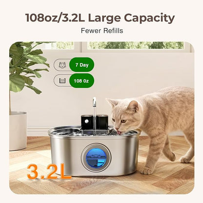 PEKTACO Wireless Cat Water Fountain, 108oz/3.2L Stainless Steel, 3 Filters | 3 smart modes, 25 dB quiet pump, multi-layer filtration, BPA-free parts, dishwasher-safe bowl, easy-clean for daily use