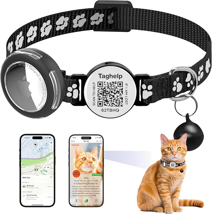 Waterproof Breakaway Cat Collar with Paw Prints - Secure AirTag Holder & Free QR Code Tag, Adjustable & Safe Kitten Collar for Apple Tracking (Black)
