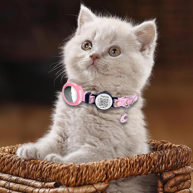 Waterproof Airtag Cat Collar Breakaway with Bell,Moon and Stars Pendant,Reflective Kitten Collar with Apple Airtag Holder,Safety Buckle for Girl Boy Cats,Pet Supplies,Accessories,Gifts (Blue B)
