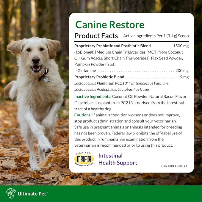 Ultimate Pet Nutrition Canine Restore, Gut Health Supplement with Prebiotics, Probiotics, & Postbiotics for Digestive Health & Immunity Support, Vet Formulated Powder Food Topper