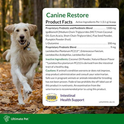 Ultimate Pet Nutrition Canine Restore, Gut Health Supplement with Prebiotics, Probiotics, & Postbiotics for Digestive Health & Immunity Support, Vet Formulated Powder Food Topper