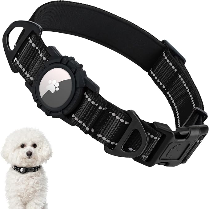 Taglory AirTag Dog Collar with Waterproof Holder for Small Dogs, Black, S | Reflective for Night Walks & Low-Light Safety, Track Your Pup Peace of Mind, Adjustable Soft Padded, No More Dangling Tags