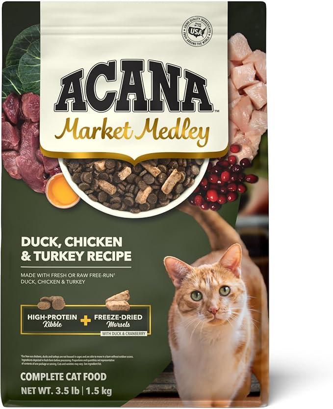 ACANA Market Medley Adult Cat Food, Duck, Chicken & Turkey Recipe with Freeze-Dried Morsels Made with Duck & Cranberry, Complete and Balanced Nutrition, 3.5 lb Bag