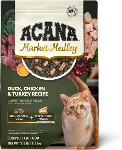 ACANA Market Medley Adult Cat Food, Duck, Chicken & Turkey Recipe with Freeze-Dried Morsels Made with Duck & Cranberry, Complete and Balanced Nutrition, 3.5 lb Bag