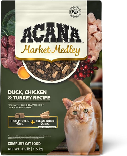 ACANA Market Medley Adult Cat Food, Duck, Chicken & Turkey Recipe with Freeze-Dried Morsels Made with Duck & Cranberry, Complete and Balanced Nutrition, 3.5 lb Bag