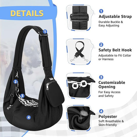 SlowTon Dog Carrier Sling - Thick Padded Shoulder Strap Adjustable Dog Carriers for Small Dogs, Puppy Carrier Purse for Pet Cat with Front Zipper Pocket Safety Belt Machine Washable (DB, L)