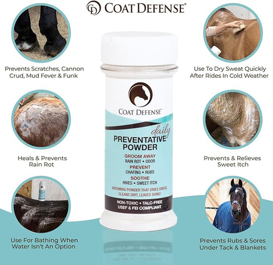 Coat Defense Daily Preventative Powder & Rain Rot Treatment for Horses | Safe & Effective Equine Sweet Itch, Skin Funk, Scratches | Dry Horse Shampoo, 8 oz. | All Natural Ingredients
