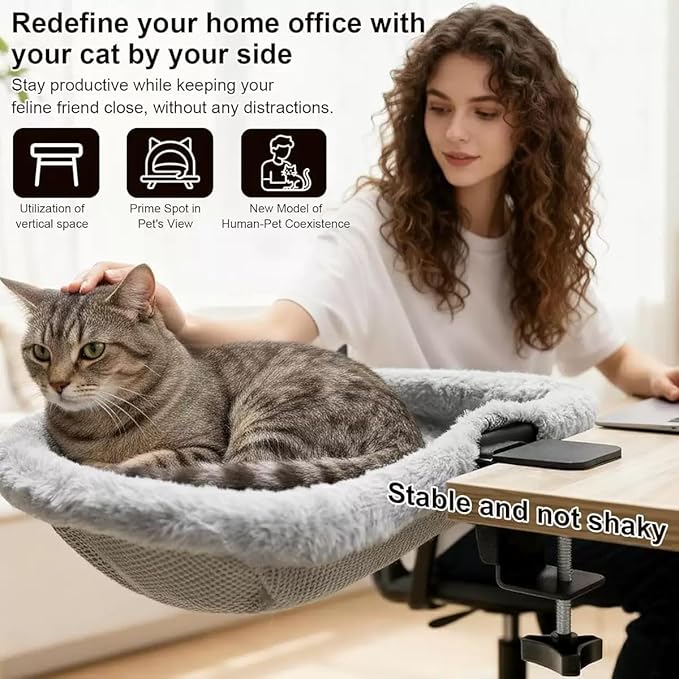 Cat Desk Bed-Extra-Large Clamp & Sunken Hammock Design,Soft Faux Rabbit Fur Material,One-Click Folding,Suitable for Various Desktops, Holds Up to 40lbs(Gray