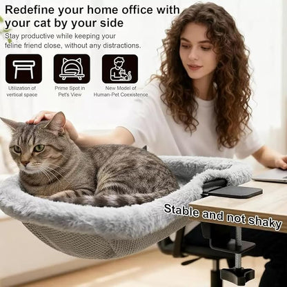 Cat Desk Bed-Extra-Large Clamp & Sunken Hammock Design,Soft Faux Rabbit Fur Material,One-Click Folding,Suitable for Various Desktops, Holds Up to 40lbs(Gray