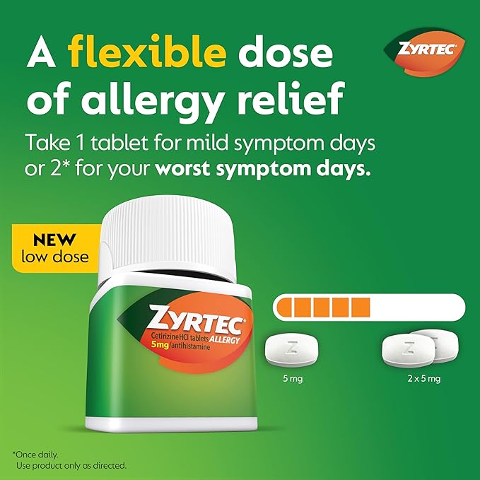 Zyrtec 24 Hour Allergy Relief Tablets, Indoor & Outdoor Allergy Medicine for Adults with 5 mg Cetirizine Hydrochloride, Relief of Runny Nose, Sneezing, Itchy Eyes, Plus Dust, Mold & Pet Dander, 35 ct