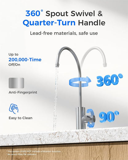 Waterdrop G2FCT-BN Drinking Water Faucet, NSF/ANSI 372 Certified, Brushed | RO Water Filter Faucet for Kitchen Bar Sink, Lead-Free, 304 Stainless Steel, Single Handle, 360° Swivel Spout