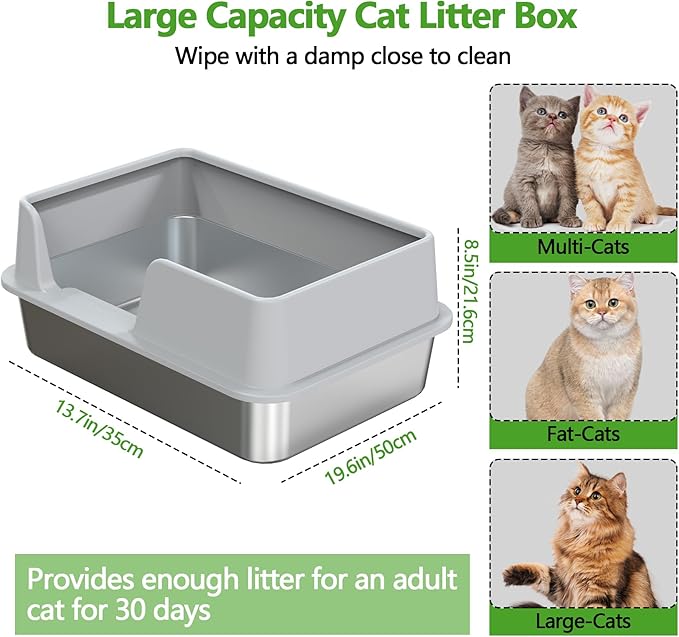 Stainless Steel Litter Box with Lid,Large Litter Metal Litter Box with High Sided, Anti-Urine Leakage, Easy Cleaning & Odor-Less, Include Metal Scoop