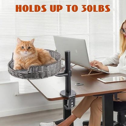 Niubya Cat Desk Bed Mount with Adjustable Height,Rattan Cat Desk Perch Supports 30 Lbs,360°Rotation Desktop Kitty Attachment for Indoor Home Office,1 Bed