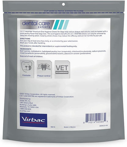 Virbac C.E.T.® HEXTRA® Premium Oral Hygiene Chews for Dogs, Rawhide Coated to Fight Bacteria and Reduce Plaque and Tartar, 26-50 lbs