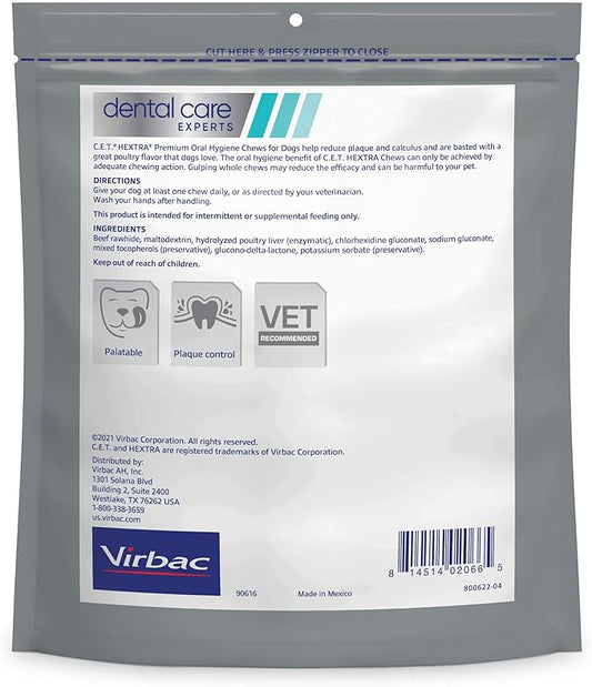 Virbac C.E.T.® HEXTRA® Premium Oral Hygiene Chews for Dogs, Rawhide Coated to Fight Bacteria and Reduce Plaque and Tartar, 26-50 lbs