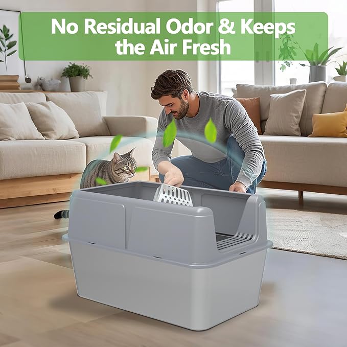Stainless Steel Litter Box with Lid,14” XXL Litter Metal Litter Box with High Sided, Anti-Urine Leakage, Easy Cleaning & Odor-Less, Include Scoop