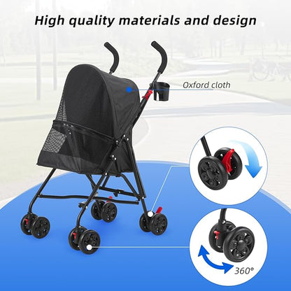 Pet Stroller Oxford Cloth Foldable Dog Strollers for Small Dogs and Cats Suitable for All Road Surfaces Wide-View Panoramic Window 4 Wheels with Brakes Portable Design, Easy to Store (Black)