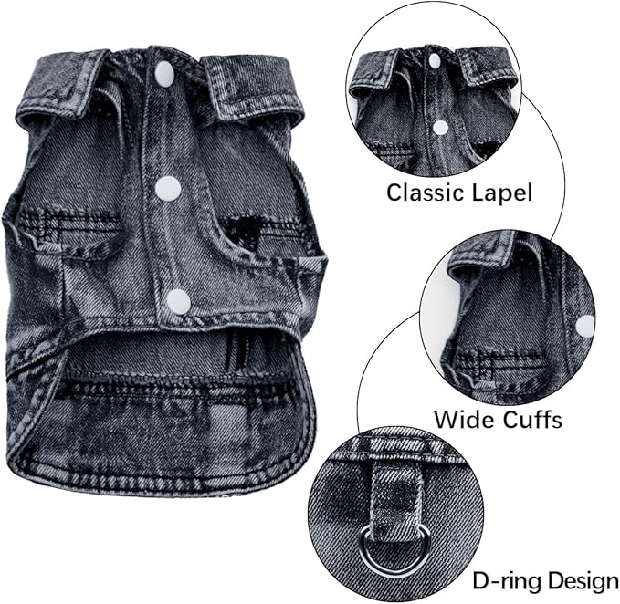 Dog Jean Jacket, Blue Denim Shirt Classic Lapel Vest Coat Costume Puppy T-Shirt, Comfort Tank Top Cool Apparel, Washed Pet Clothes for Dogs Boy Girl (Black with D-Ring, Large)