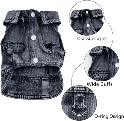 Dog Jean Jacket, Blue Denim Shirt Classic Lapel Vest Coat Costume Puppy T-Shirt, Comfort Tank Top Cool Apparel, Washed Pet Clothes for Dogs Boy Girl (Black with D-Ring, Large)