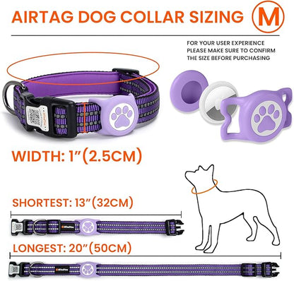 AirTag Dog Collar for Medium Dogs, IP68 Waterproof Air Tag Dog Collar with Apple AirTag Holder, Reflective, Padded Lining, QR Code Personalized Dog Tags (Purple, Medium)