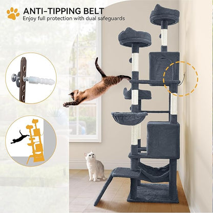 YITAHOME Tall Cat Tree for Indoor Cats, 75 inch Multi-Level Cat Tower with Cat Condos, Top Perches, Sisal Ramp Scratching Posts, Cozy Basket, Hammocks, Large Cat Pet Activity Structure, Dark Grey